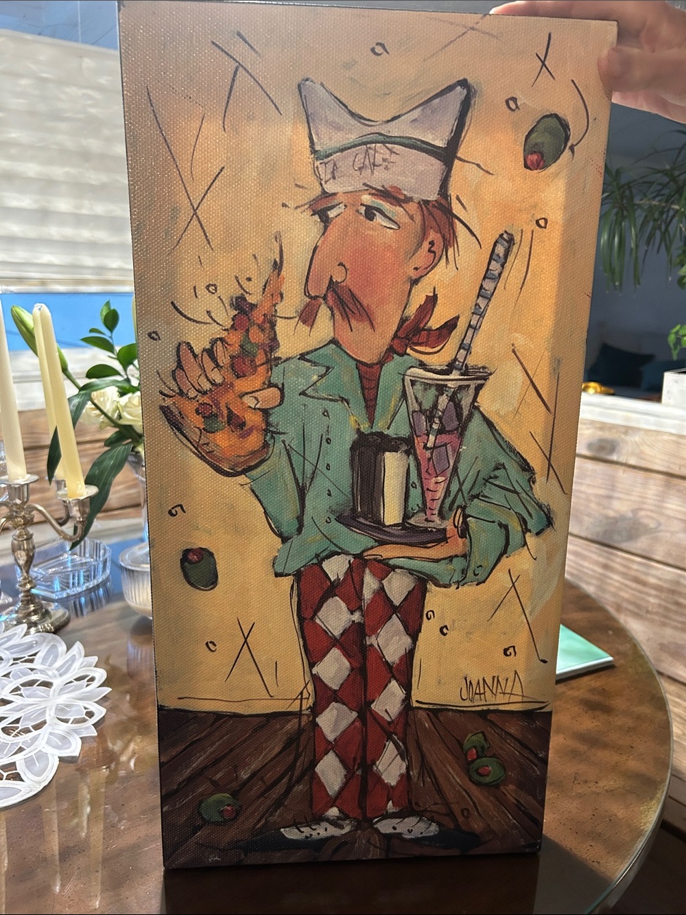 Whimsical Server Painting in Cream & Teal by Unbranded Artist